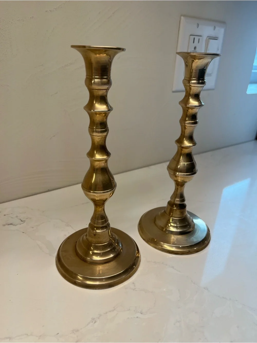 Vintage Solid Brass Turned Candlestick Pair - Polished Gold Tone